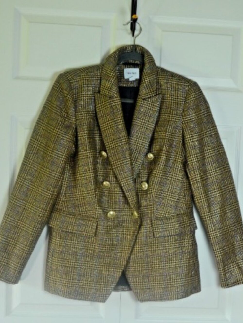 Nine West Metallic Plaid Double Breasted Blazer Gold Black Career Chic Jacket S